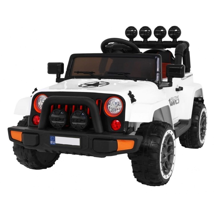 Masinuta Electrica cu acumulator pentru copii NOVOKIDS™ Full Time Jeep 4X4 PRO, Max 30 kg, 3-8 ani, Cu melodii si lumini, 12V, 2 Viteze, 4 motoare, Alb