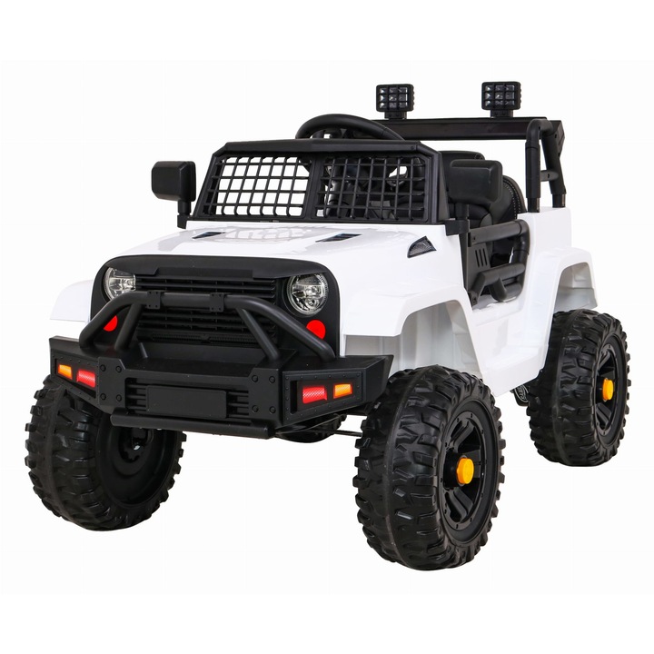Masinuta Electrica cu acumulator pentru copii NOVOKIDS™ Dark Knight Jeep PRO, Max 30 kg, 3-8 ani, Cu melodii si lumini, 12V, 2 Viteze, Alb