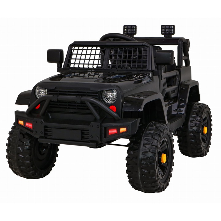 Masinuta Electrica cu acumulator pentru copii NOVOKIDS™ Dark Knight Jeep PRO, Max 30 kg, 3-8 ani, Cu melodii si lumini, 12V, 2 Viteze, Negru