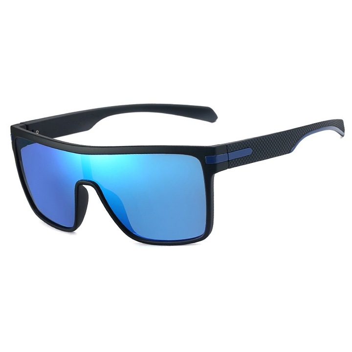 Слънчеви очила Hemera Sunrise, Disign, Unisex, Олекотена рамка, HD поляризация, UV 400, Комплект твърд кейс и Кърпичка, Черна рамка/Сини огледални стъкла