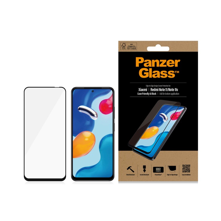 Стъклен протектор PanzerGlass за Xiaomi Redmi Note 11/11s, CaseFriendly, Черен