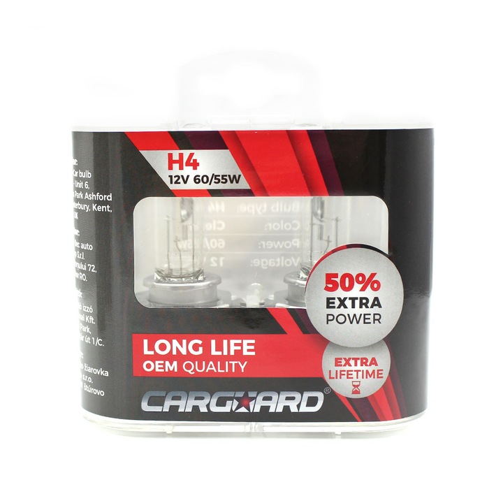Set de 2 becuri Halogen H4, 55W, plus 50% Intensitate - long life, Carguard