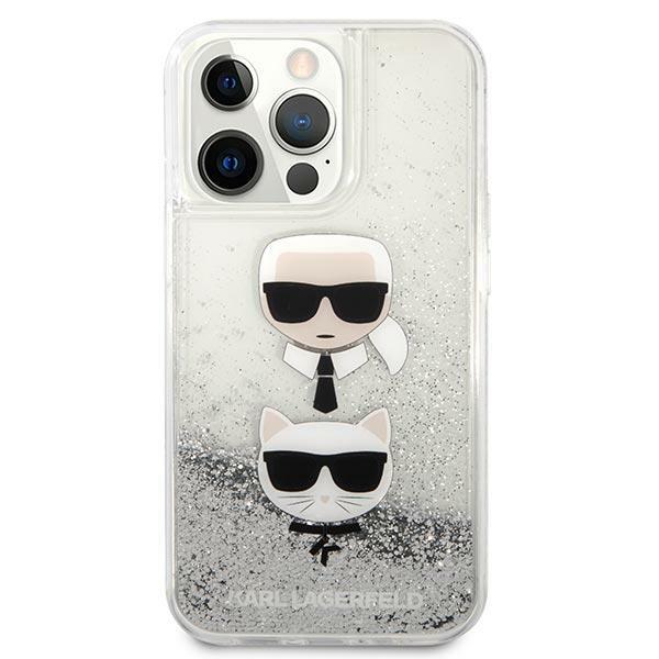 Husa pentru iPhone 13 Pro Max, Karl Lagerfeld, KLHCP13XKICGLS, Liquid Glitter Karl and Choupette Head Collection, Argintiu