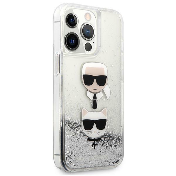 Husa pentru iPhone 13 Pro Max, Karl Lagerfeld, KLHCP13XKICGLS, Liquid Glitter Karl and Choupette Head Collection, Argintiu