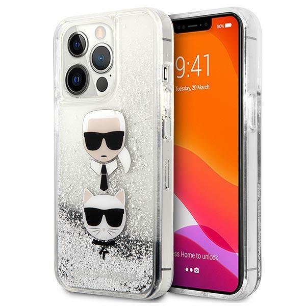 Husa pentru iPhone 13 Pro Max, Karl Lagerfeld, KLHCP13XKICGLS, Liquid Glitter Karl and Choupette Head Collection, Argintiu