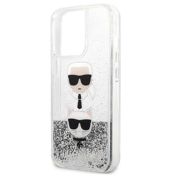 Husa pentru iPhone 13 Pro Max, Karl Lagerfeld, KLHCP13XKICGLS, Liquid Glitter Karl and Choupette Head Collection, Argintiu