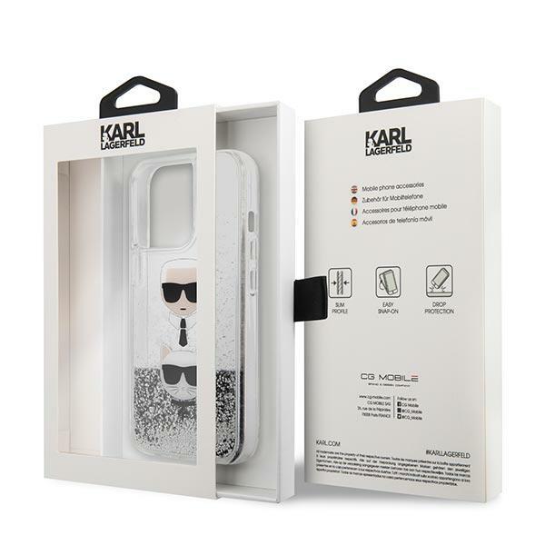 Husa pentru iPhone 13 Pro Max, Karl Lagerfeld, KLHCP13XKICGLS, Liquid Glitter Karl and Choupette Head Collection, Argintiu