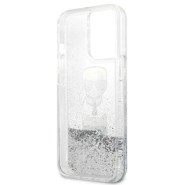 Husa pentru iPhone 13 Pro Max, Karl Lagerfeld, KLHCP13XKICGLS, Liquid Glitter Karl and Choupette Head Collection, Argintiu