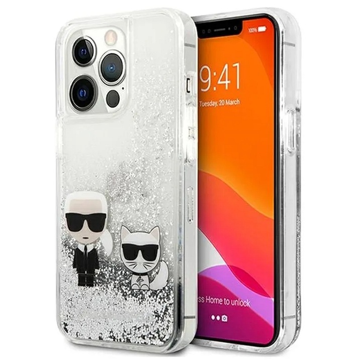 Eredeti előlap tok KARL LAGERFELD KLHCP13LGKCS iPhone 13 PRO-hoz (Liquid Glitter K&C / ezüst)