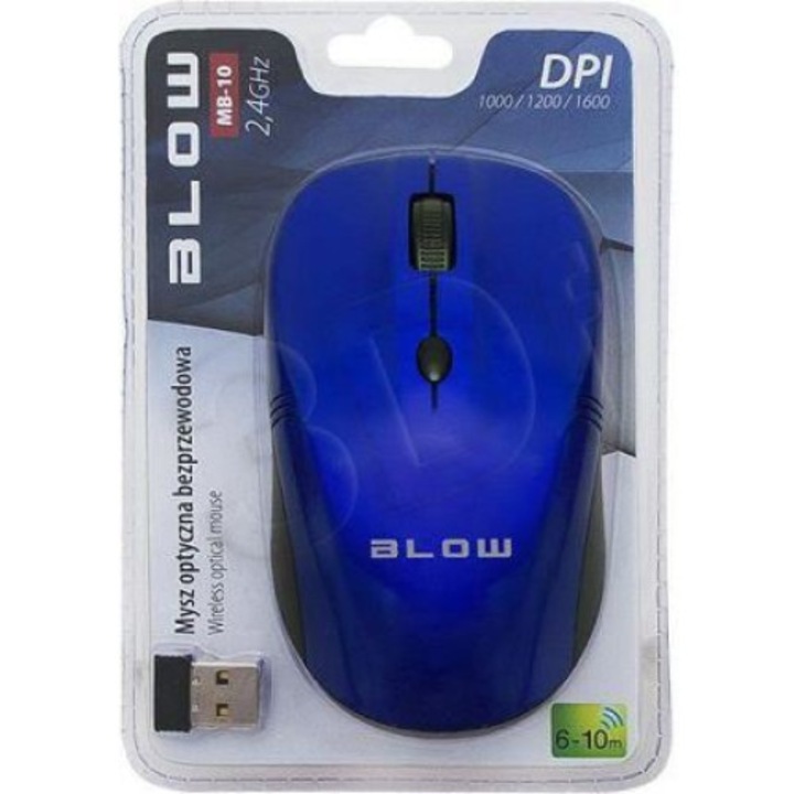 Mouse Blow MP-10 84-004, Optic, USB, Wireless, 1600 DPI, 4 butoane, Negru-Albastru