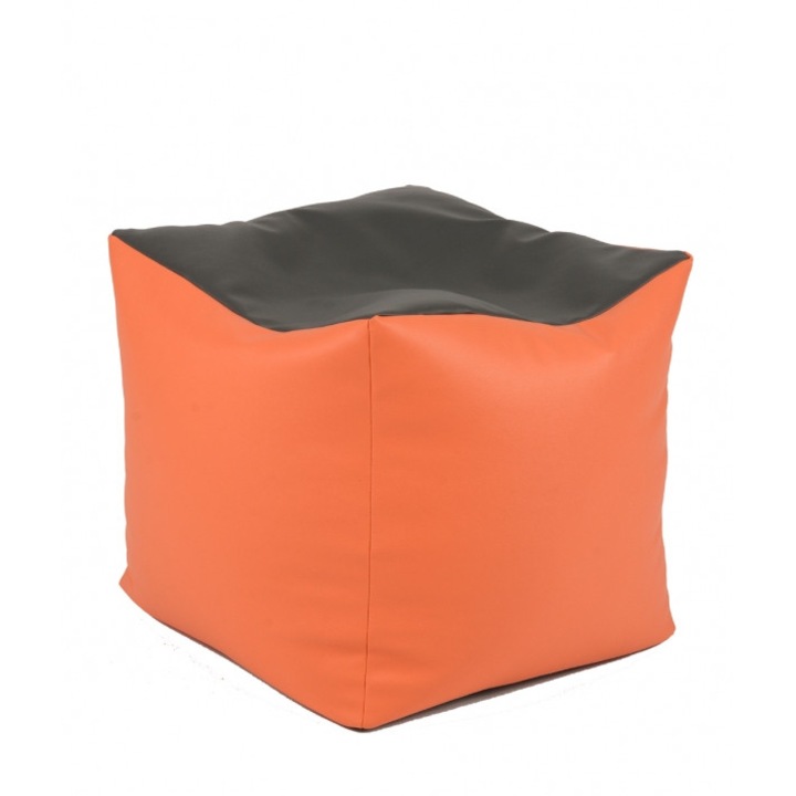Fotoliu (Mic) Taburet Cub XL - Black-Top Orange (piele eco) umplut cu perle polistiren (beanbag marca Pufrelax) Fabricat in Romania