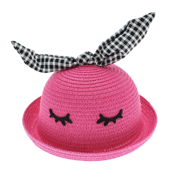 Шапка за слънце, Детска, ButicCochet, Изработена от хартиена слама, С панделка321`a, Фуксия