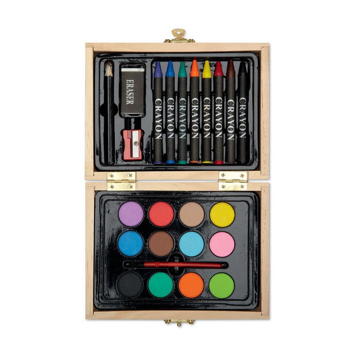 Set pentru pictat si colorat, 24 piese, in cutie din lemn