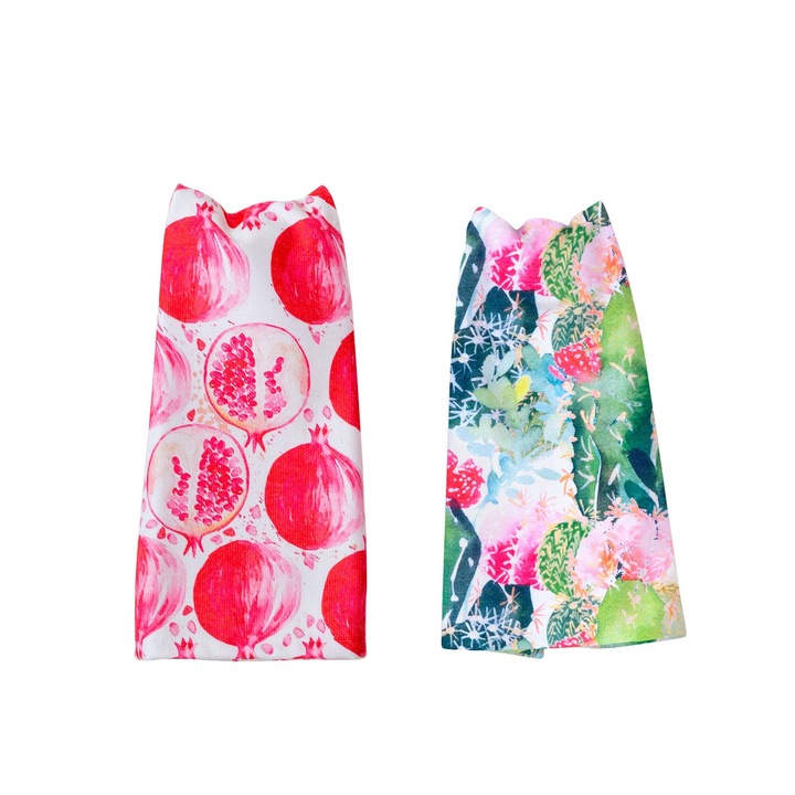 Set 2 prosoape de bucatarie Irya, Imprimeu fructe tropicale, Bumbac/Poliester, 38x60 cm, Multicolor