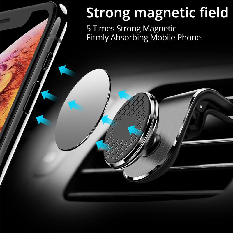 Suport universal magnetic auto pentru telefon, navigatie GPS sau tableta,  rotativ 360°, montare grila ventilatie, fata din aluminiu, culoare Negru 