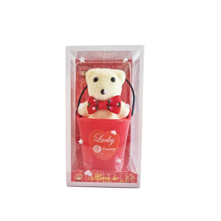 Decoratiune cadou, ursulet in galeata, Lucky Everlasting, plastic, 10 x 5 cm, rosu