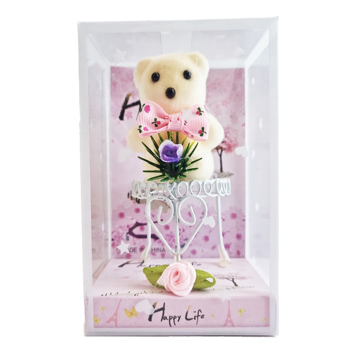 Decoratiune cadou, ursulet pe suport si floare, plastic, 7 x 6 x 11 cm, roz