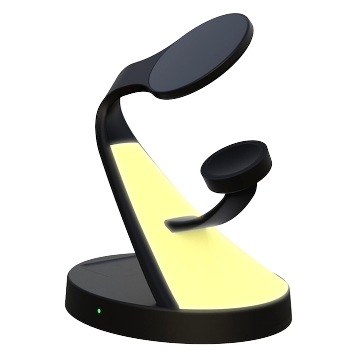 Incarcator Telefon Wireless 5 In 1, Qi Fast Charger 15W, ESL By Essential Level®, Cu Lampa LED Warm Light, Compatibil iPhone 12/13/14 Series, Apple Watch, AirPods, Design Elegant Si Compact Pentru Birou Sau Noptiera, Incarcare Simultana, Negru | Galben