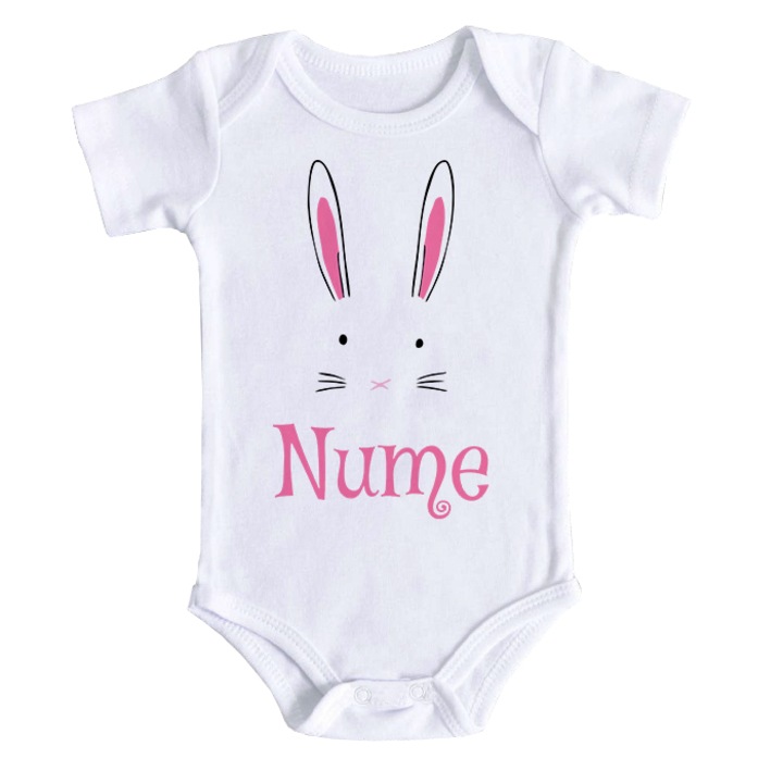 Body bebe personalizat cu iepuras si nume copil, alb, 100% bumbac, 12-18 luni