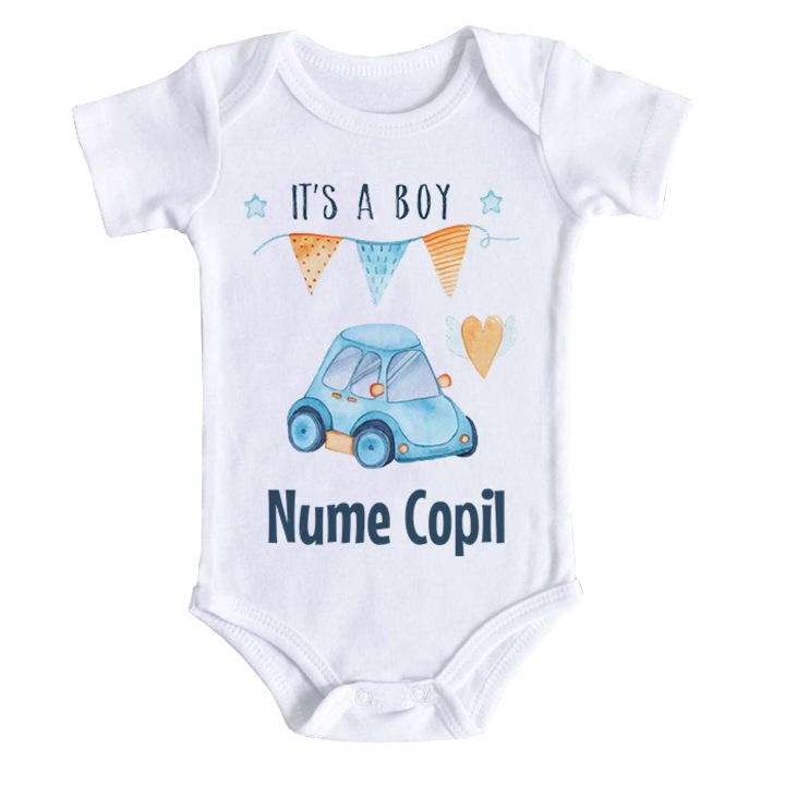 Body bebe personalizat cu mesaj "It's a boy" si nume, alb, 100% bumbac, 12-18 luni