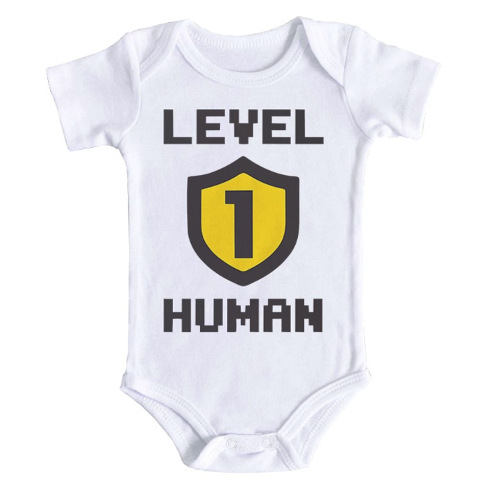 Body bebe personalizat cu mesajul "Level 1 human", alb, 100% bumbac, 3-6 luni