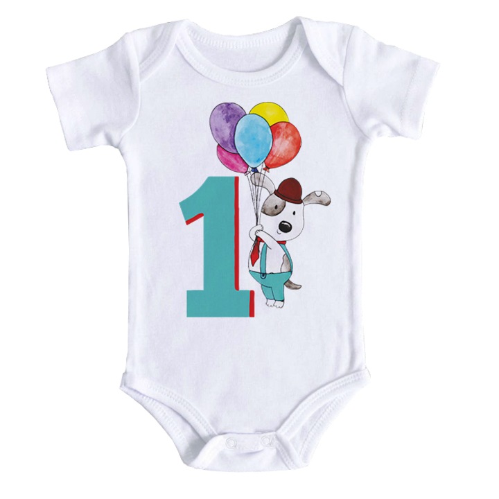 Body bebe personalizat cu cifra unu si un catelus, alb, 100% bumbac, 3-6 luni