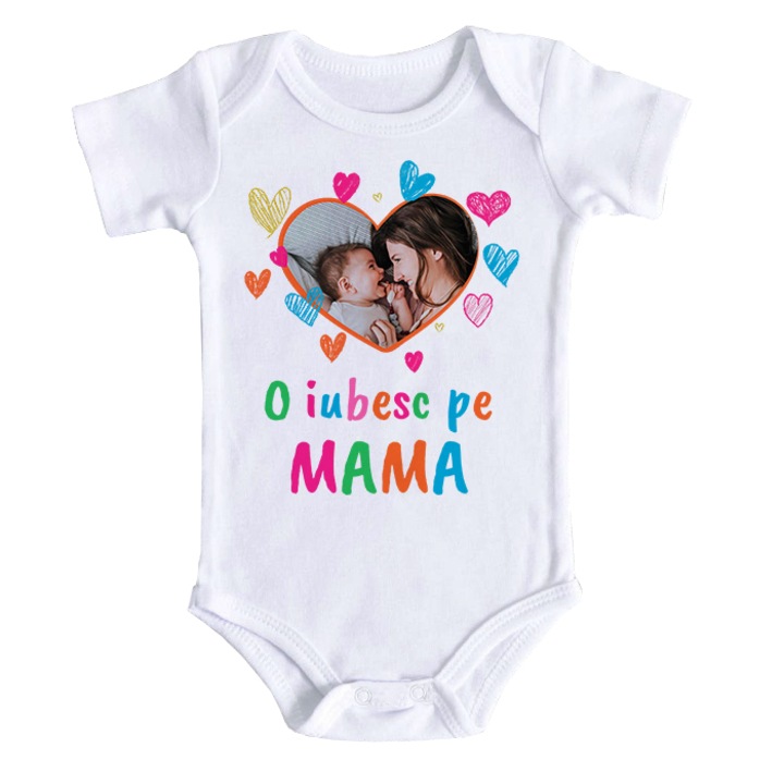 Body bebe personalizat cu poza si mesaj "O iubesc pe mama", alb, 100% bumbac, 12-18 luni