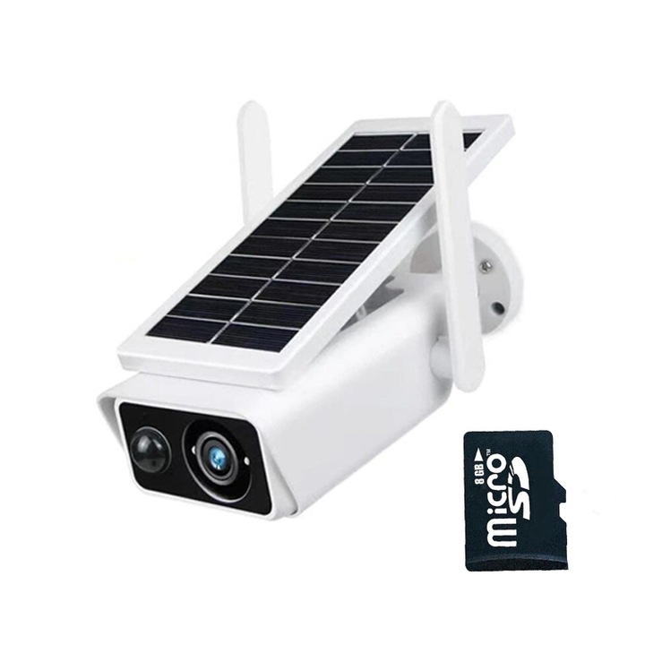 Комплект камера за наблюдение със соларно зареждане и карта памет 8 GB DELINY, WIFI, 2 MP, FullHD, Нощно виждане, Водоустойчивост, Бяла
