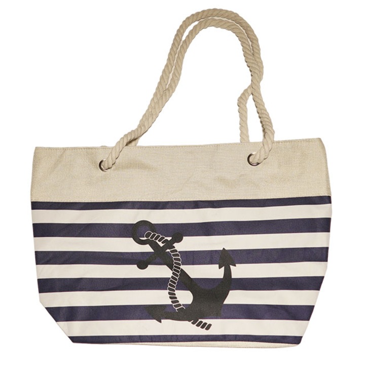 Geanta plaja, Ancora Dow, buzunar interior, fermoar metalic, poliester, bleumarin/bej, 55 x 37 x 15 cm