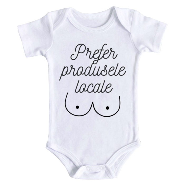 Body bebe personalizat "Prefer produsele locale", alb, 100% bumbac, 12-18 luni