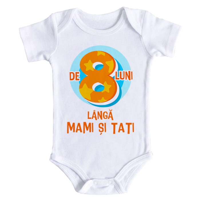 Body bebe personalizat - de 8 luni langa mami si tati, alb, 100% bumbac, 3-6 luni