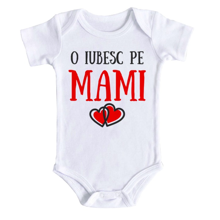 Body bebe personalizat cu mesajul "O iubesc pe mami", bonisa creativ, alb, 100% bumbac, 12-18 luni