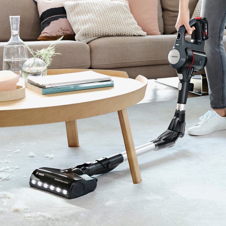 Aspirator vertical Bosch Unlimited 7, BBS712A, autonomie 40min, 3 trepte de putere, 0.4L, 19.84 Kwh/an, perie allFloor Dynamic Power cu LED-uri, motor TurboSpin, tija flexibila, functie Quick Stand, 2 acumulatori, graphite
