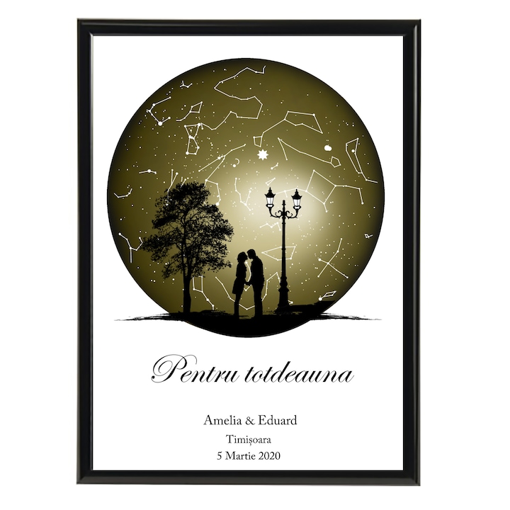 Tablou personalizat cu harta stelelor, model cuplu, rama negru, 20 x 30 cm
