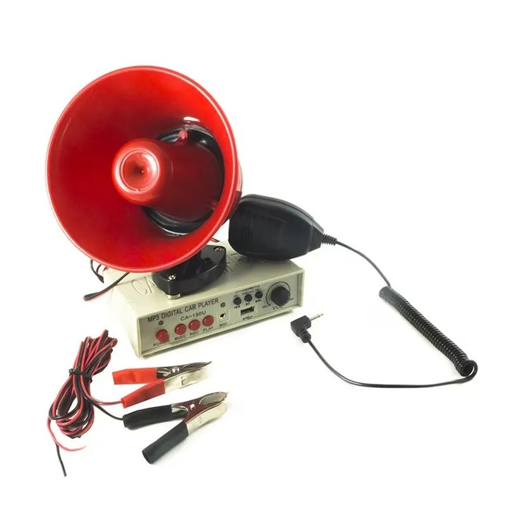 Set complet portavoce auto, putere 25 W, cu statie de amplificare, suport magnetic, port USB, AUX In, microfon detasabil, design modern, Alb/Rosu
