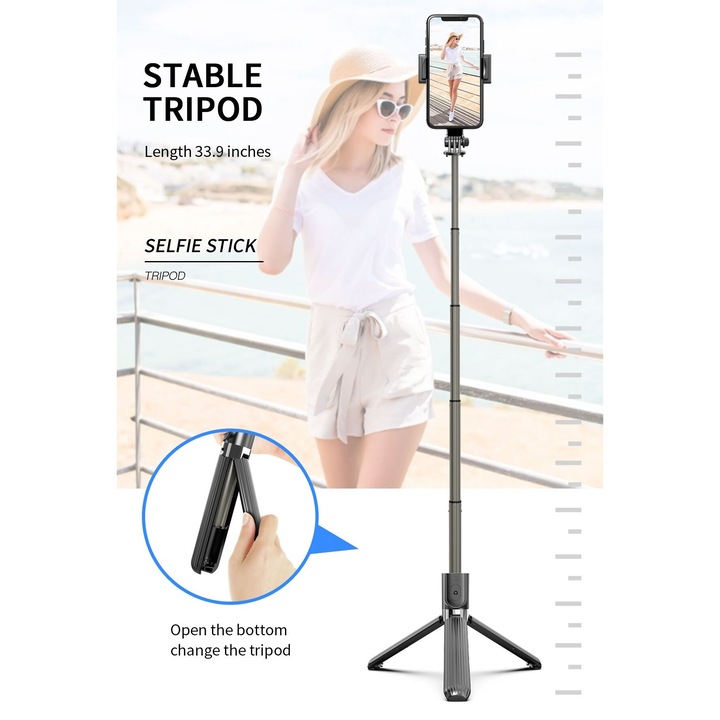 Stabilizator pentru telefon mobil Smartech Gimbal L08, Negru, Trepied, Selfie stick