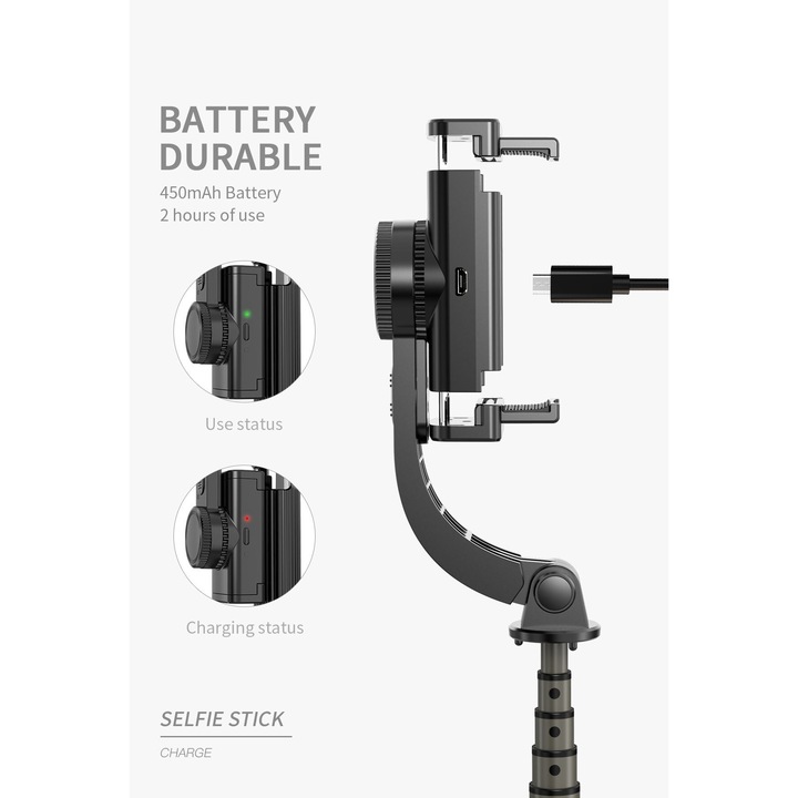 Stabilizator pentru telefon mobil Smartech Gimbal L08, Negru, Trepied, Selfie stick