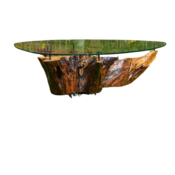 Masuta cafea din radacina de stejar, cu blat din sticla, model unicat, 125x106x45 cm
