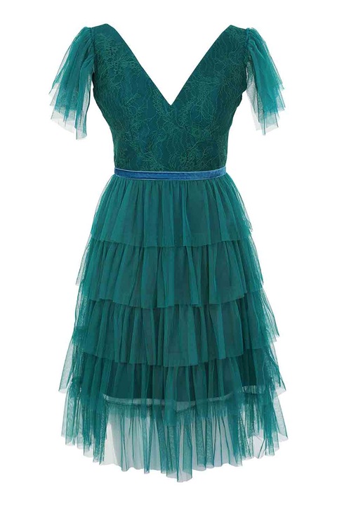 ambar studio, V-nyakú rétegzett midiruha, Angolzöld, XS