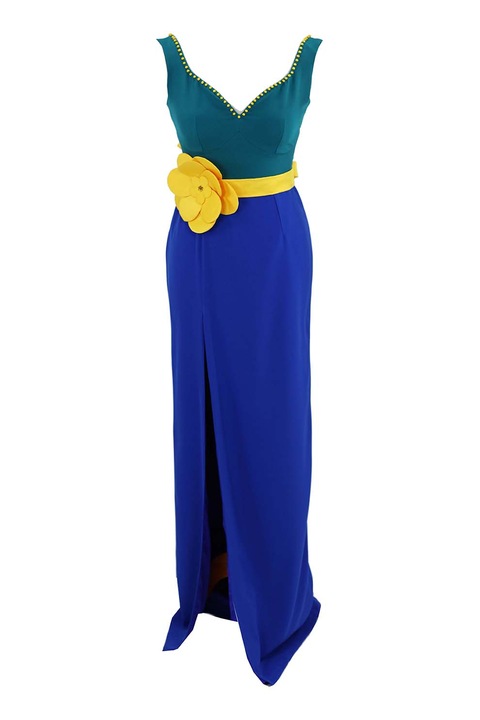 ambar studio, Rochie cu decolteu in V si margele aplicate, Albastru