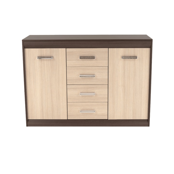 Comoda 2 usi 4 sertare mdf stejar inchis stejar deschis Korina 140x48x100 cm