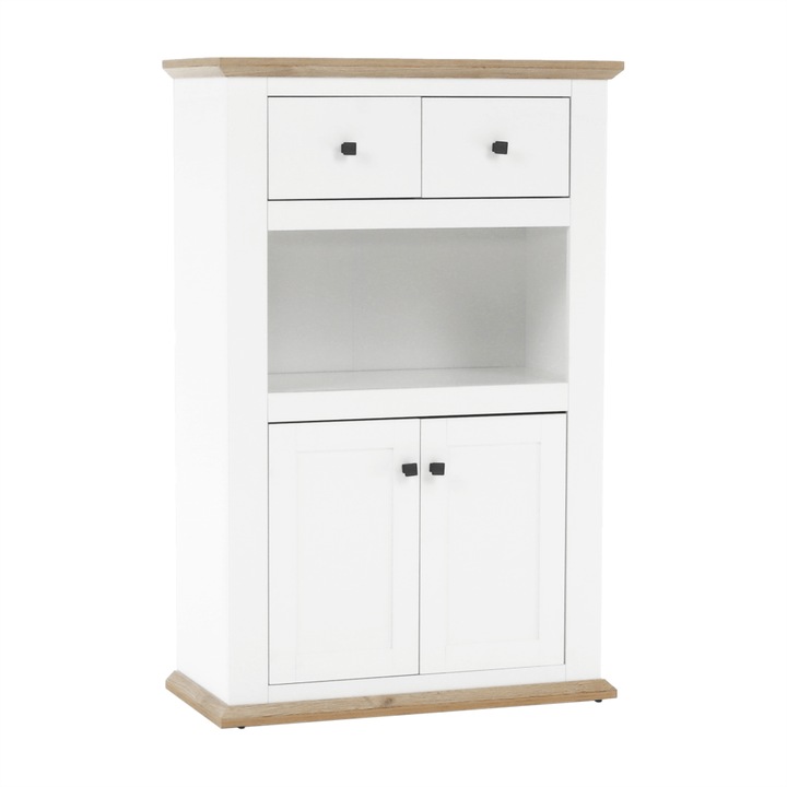 Comoda 2 usi 2 sertare mdf alb maro stejar Grand Leon 85x40x130 cm