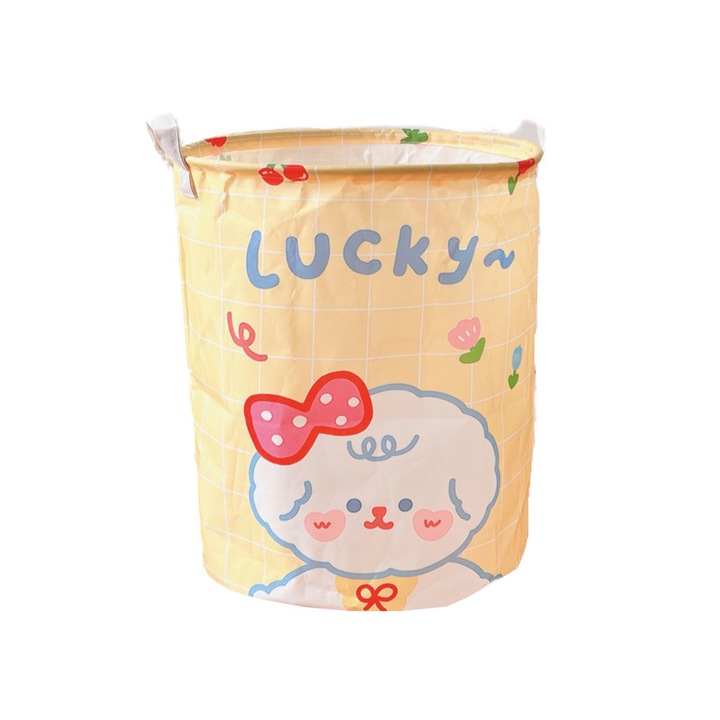 Összecsukható modell tárolókosár, vászon, 37,5 x 37,5 x 40,5 cm, modell sárga kiskutyával