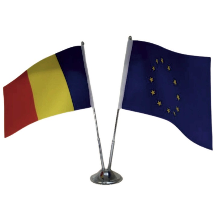 Set 2 stegulete pentru birou, Romania si Uniunea Europeana, cu suport inox