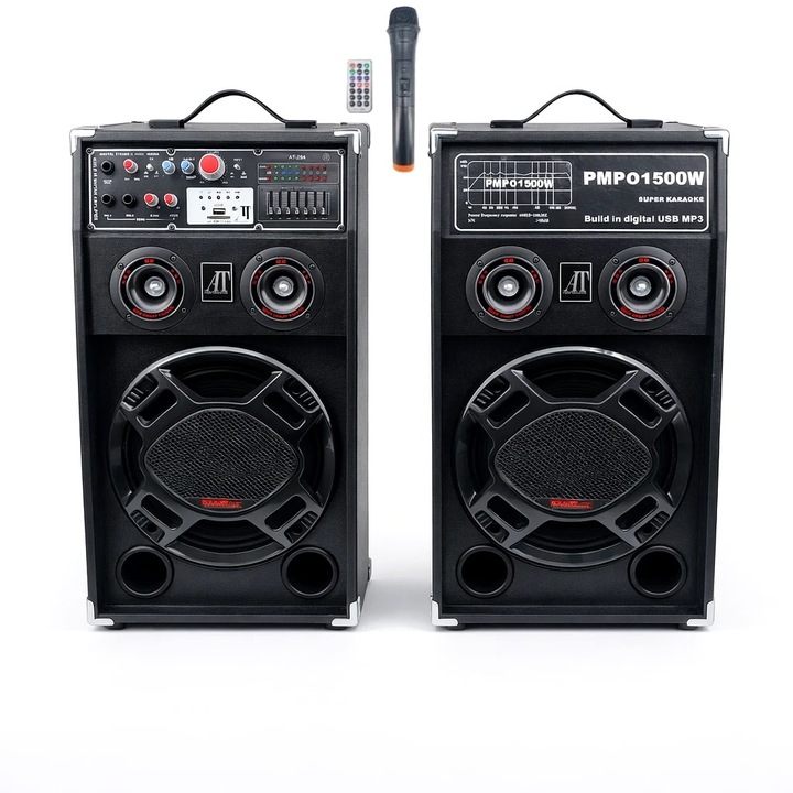 Set 2 Boxe Profesionale Active Smart Bass 284, 600W, Functie Bluetooth, SD Card, USB, Jocuri de lumini, Amplificator si Egalizator si Microfon Wireless