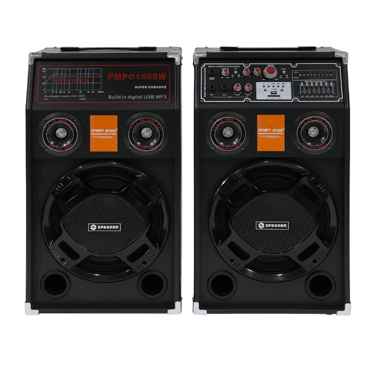 Комплект от 2 професионални високоговорителя Active Smart Bass 284, 600 W, Bluetooth функция, SD карта, USB, светлинни игри, усилвател и еквалайзер и безжичен микрофон