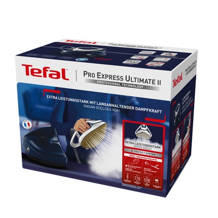 Statie de calcat cu boiler de inalta presiune Tefal Pro Express Ultimate GV9720E0, 3000W, 8 bari, jet de abur 590 g/min, talpa Durilium Airglide Autoclean, rezervor 1.2L, umplere continua, 3 setari de temperatura, albastru