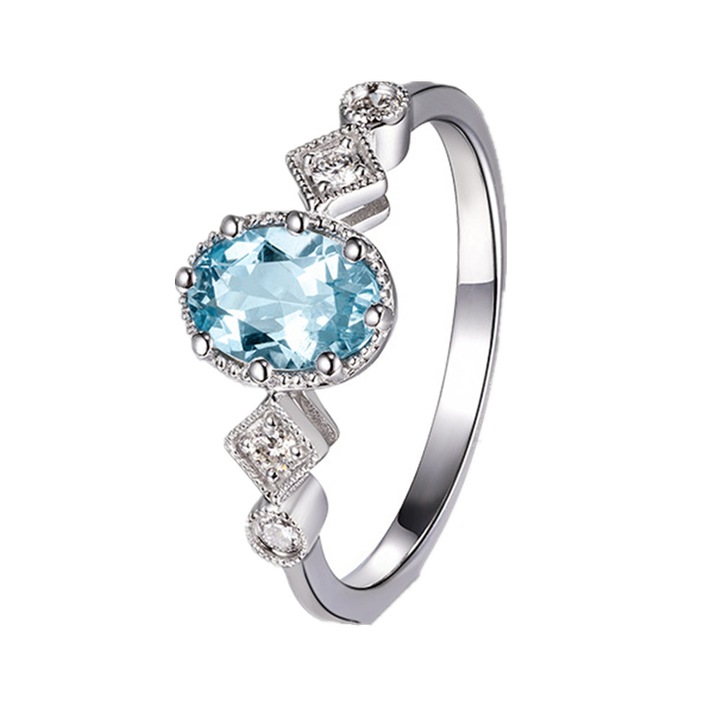 OEM akvamarin női gyűrű, cirkón, S925 ezüst, fehérarany, állítható