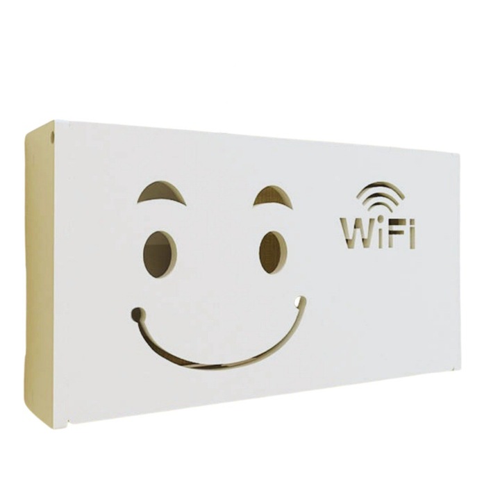 Vezeték nélküli router tartó állvány, vezetékek és WI-FI berendezések elrejtésére, falra szerelhető, mosolygós arc kialakítás, 40x20x9.5 cm, fehér