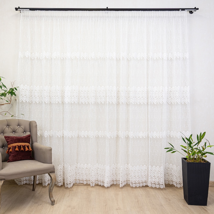 Perdea nesifonabila, brodata Hiko Shape03 alba 500x245cm, cu rejansa